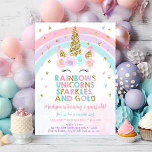 Invitation Unicorn Rainbow Sparkles Gold Anniversaire