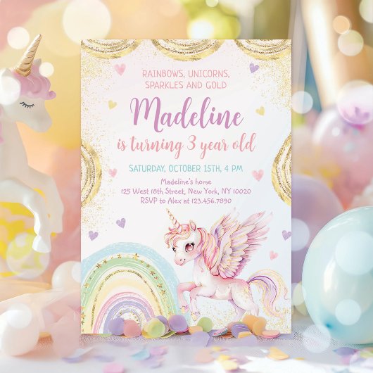Invitation Unicorn Rainbow Sparkles Gold Anniversaire