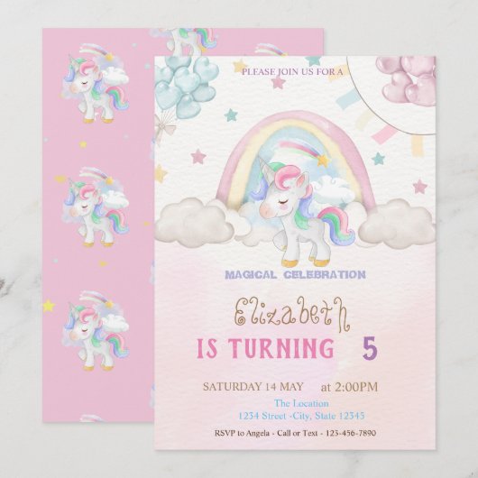 Invitation Unicorn Rainbow Stars Coeurs Ballons Anniversaire (Devant / Derrière)