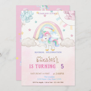 Invitation Unicorn Rainbow Stars Coeurs Ballons Anniversaire