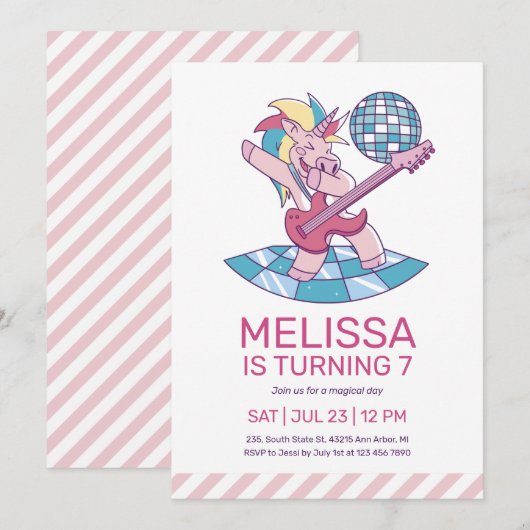 Invitation Unicorn Rockstar chanter Anniversaire de enfant ro (Devant / Derrière)
