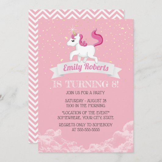 Invitation Unicorn rose fille fête d'anniversaire (Devant / Derrière)