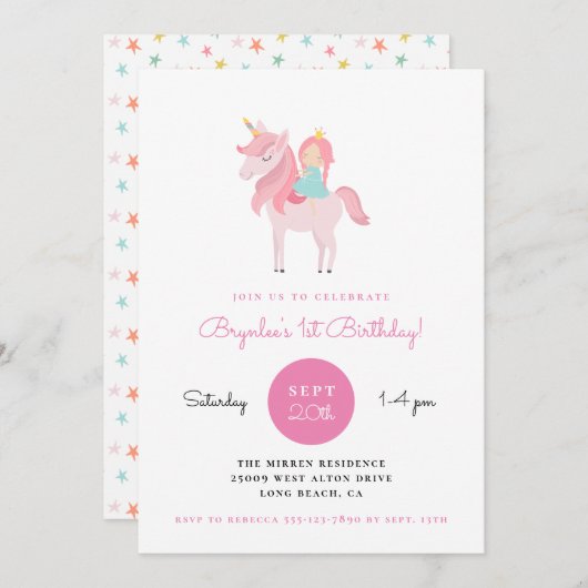 Invitation Unicorn rose Princesse Anniversaire (Devant / Derrière)