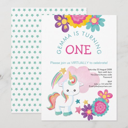 Invitation Unicorn rose Turquoise fille virtuelle 1er anniver (Devant / Derrière)