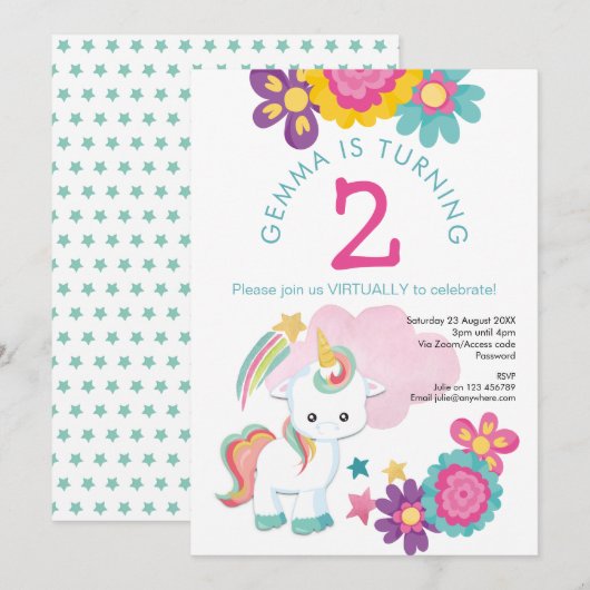 Invitation Unicorn rose Turquoise fille virtuelle 2e fête d'a (Devant / Derrière)