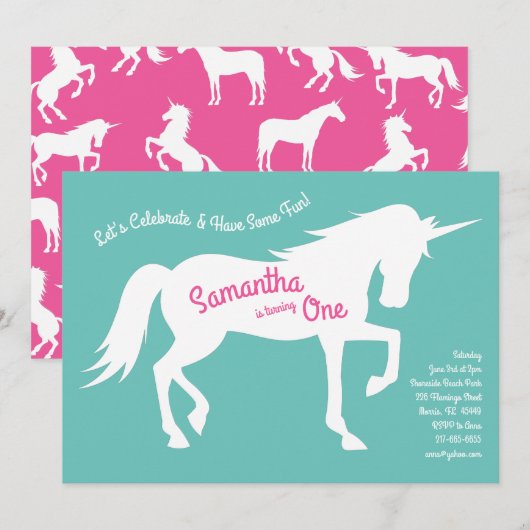 Invitation Unicorn Silhouette 1ère fête d'anniversaire Filles (Devant / Derrière)