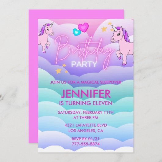 Invitation Unicorn Sleepover 11e Anniversaire rose (Devant / Derrière)