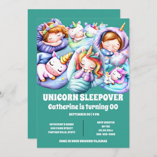 Invitation Unicorn thème sommeil pyjama en sommeil enfants (Devant / Derrière)