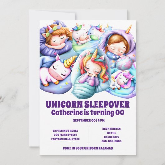 Invitation Unicorn thème sommeil pyjama slumber filles (Devant)