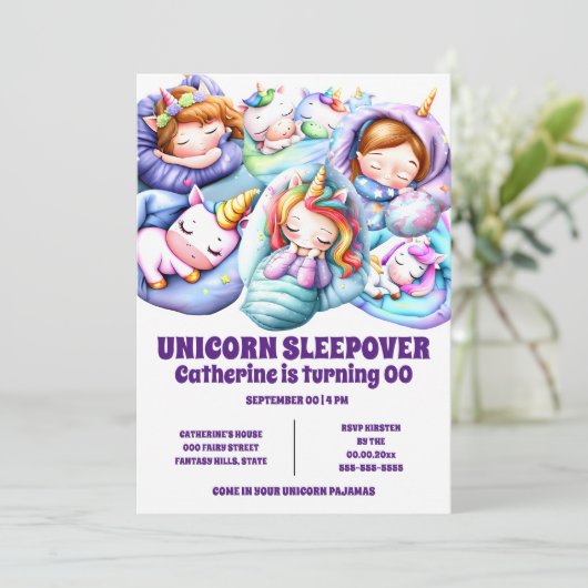 Invitation Unicorn thème sommeil pyjama slumber filles (Debout devant)