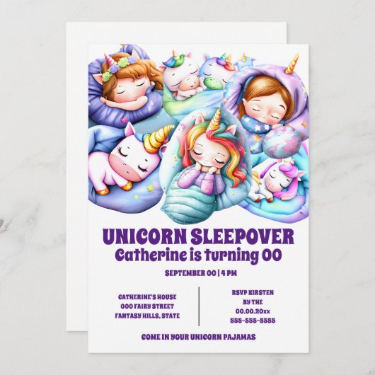 Invitation Unicorn thème sommeil pyjama slumber filles (Devant / Derrière)