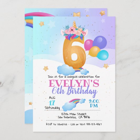 Invitation Unicorn, Unicorn 6e anniversaire (Devant / Derrière)