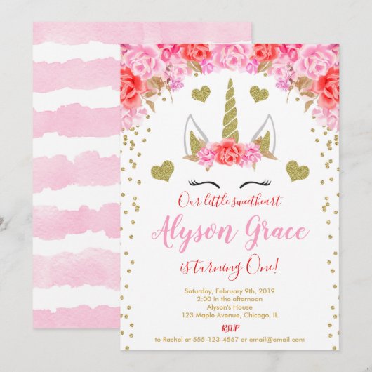 Invitation Unicorn Valentines jour anniversaire rose or rouge (Devant / Derrière)
