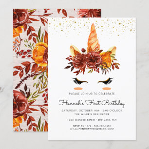 Invitation Unicorn Visage Automne Floral Anniversaire Invitat
