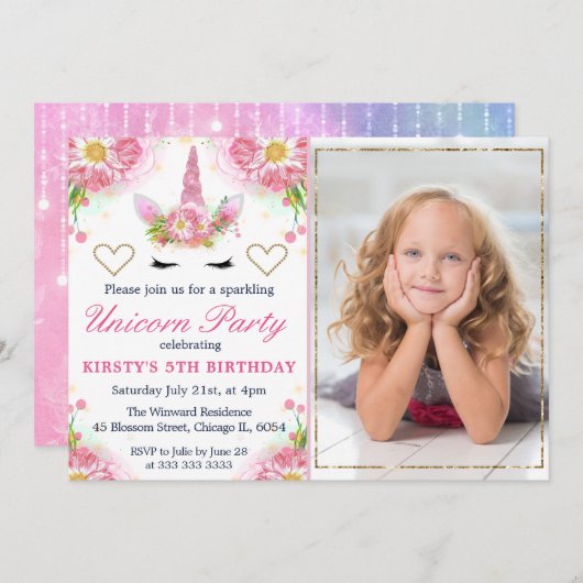 Invitation Unicorn Visage et aquarelle Fleurs photo Anniversa (Devant / Derrière)