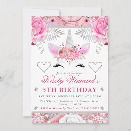 Invitation Unicorn Visage rose Argent fille Anniversaire enfa (Devant)