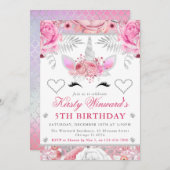 Invitation Unicorn Visage rose Argent fille Anniversaire enfa (Devant / Derrière)