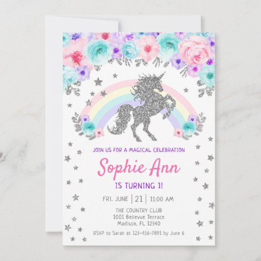 Invitation Unicorne 1er anniversaire - Argent Turquoise viole (Devant)