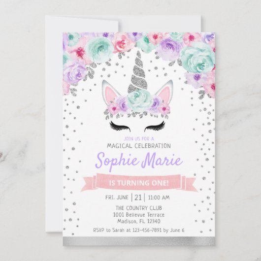 Invitation Unicorne 1er anniversaire - Argent violet rose Tur (Devant)