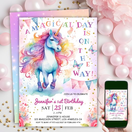 Invitation Unicorne 1er anniversaire Fairy Floral Arc en ciel