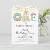 Invitation Unicorne 1er anniversaire Gold Aqua rose blanc (Debout devant)