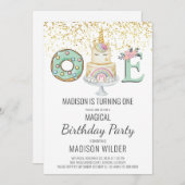 Invitation Unicorne 1er anniversaire Gold Aqua rose blanc (Devant / Derrière)