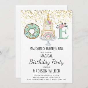 Invitation Unicorne 1er anniversaire Gold Aqua rose blanc