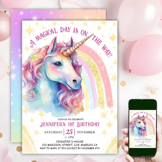 Invitation Unicorne 1er anniversaire Gold Pink Magique Arc-en