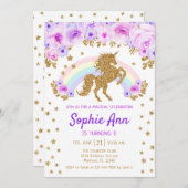 Invitation Unicorne 1er anniversaire - Gold Purple (Devant / Derrière)