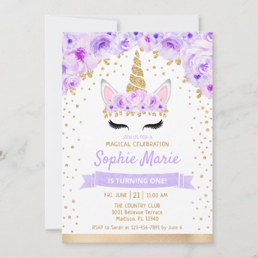 Invitation Unicorne 1er anniversaire - Gold Purple (Devant)