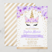Invitation Unicorne 1er anniversaire - Gold Purple (Devant / Derrière)