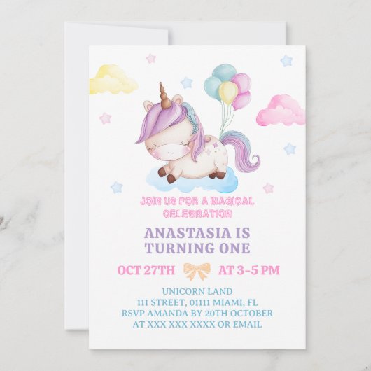 Invitation Unicorne 1er Anniversaire Pastel Colonnes (Devant)