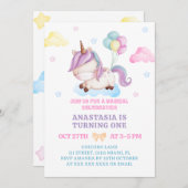 Invitation Unicorne 1er Anniversaire Pastel Colonnes (Devant / Derrière)