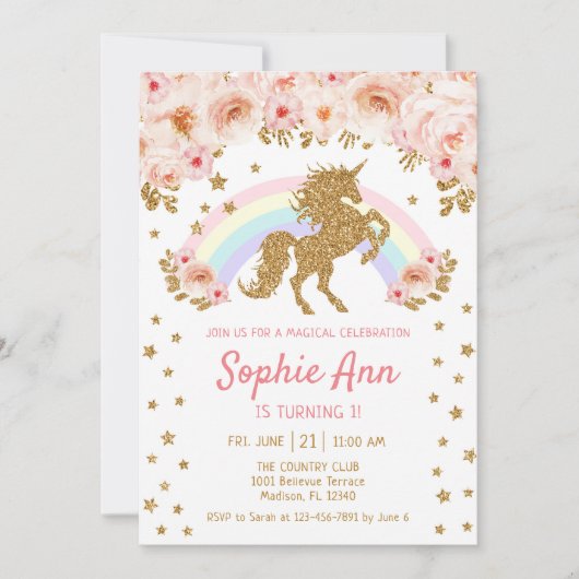 Invitation Unicorne 1er anniversaire - Rose or (Devant)