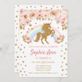 Invitation Unicorne 1er anniversaire - Rose or (Devant / Derrière)