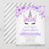 Invitation Unicorne 1er anniversaire - Silver Purple (Devant / Derrière)