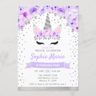 Invitation Unicorne 1er anniversaire - Silver Purple