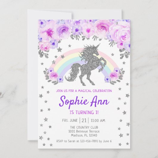 Invitation Unicorne 1er anniversaire - Silver Purple (Devant)