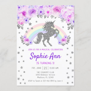 Invitation Unicorne 1er anniversaire - Silver Purple