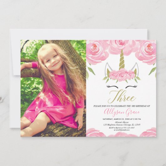 Invitation Unicorne 3e anniversaire rose or photo (Devant)
