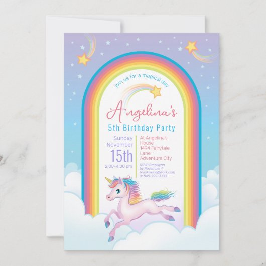 Invitation Unicorne 5e fête d'anniversaire (Devant)