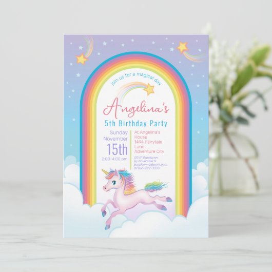 Invitation Unicorne 5e fête d'anniversaire (Debout devant)