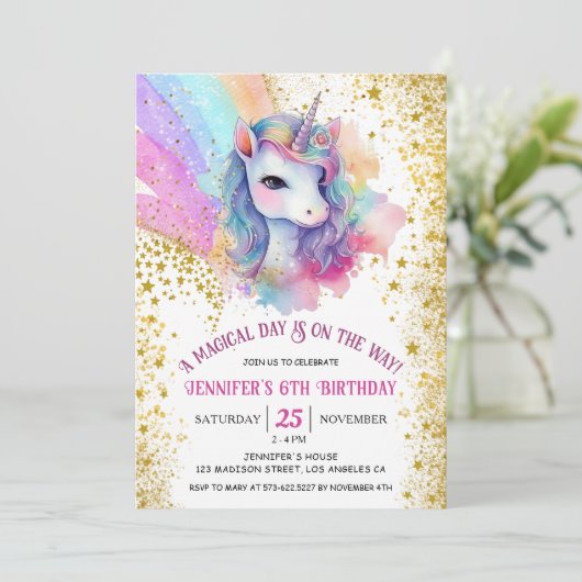Invitation Unicorne 6e anniversaire | Arc-en-ciel Parties sci (Debout devant)