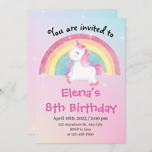Invitation Unicorne 8e anniversaire (Devant / Derrière)