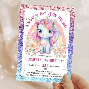 Invitation Unicorne 8e anniversaire Parties scintillant or Fl