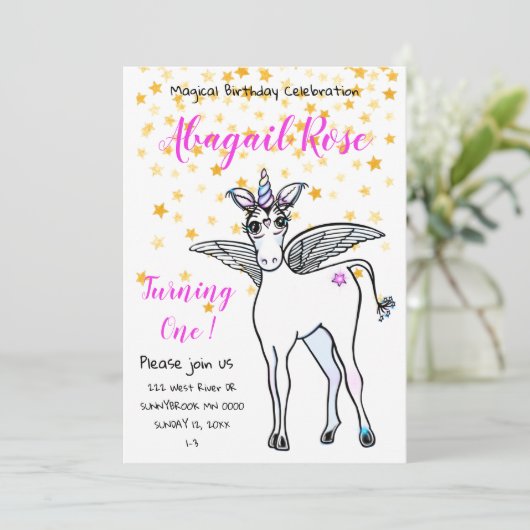Invitation Unicorne à ailes magiques aux accents d'étoiles do (Debout devant)
