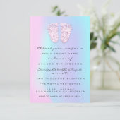 Invitation Unicorne à goutte holographique Baby shower fille (Debout devant)