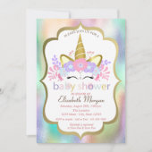 Invitation Unicorne adorable, Floral, Baby shower holographiq (Devant)