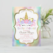 Invitation Unicorne adorable, Floral, Baby shower holographiq (Debout devant)