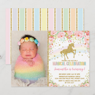 Invitation Unicorne Anniversaire fête rose Roses